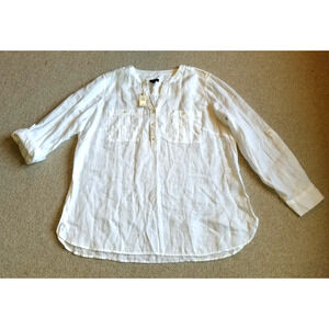 NWT $79 Womens Top-TALBOTS-white linen 1/4 button-up tunic BOHO Beachy ls-1X